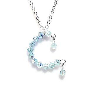 Crystal Moon Necklace/ Handmade Unique Light Turquoise Moon Charm Silver Chain